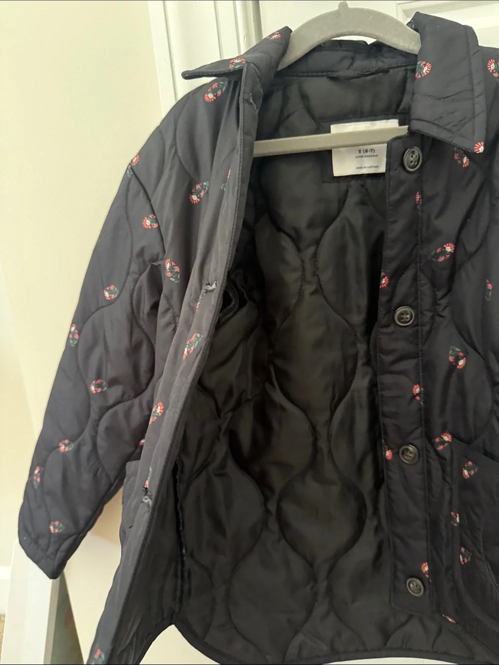 Old Navy Black Quilted Jacket with Pink Floral Design